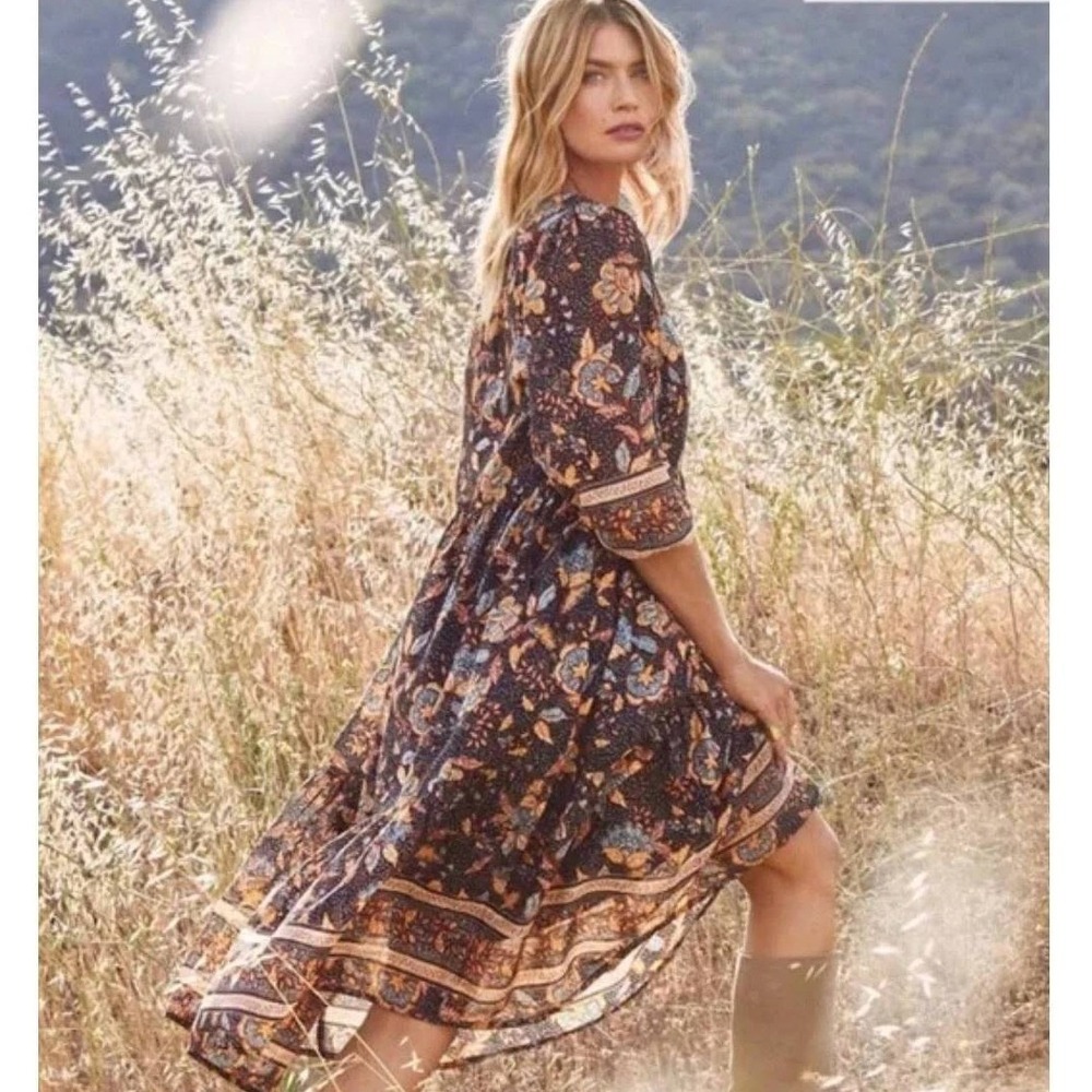 NEW Sundry Evereve Felicity Floral Boho Midi Dress 100% Cotton V Neck Size 3
